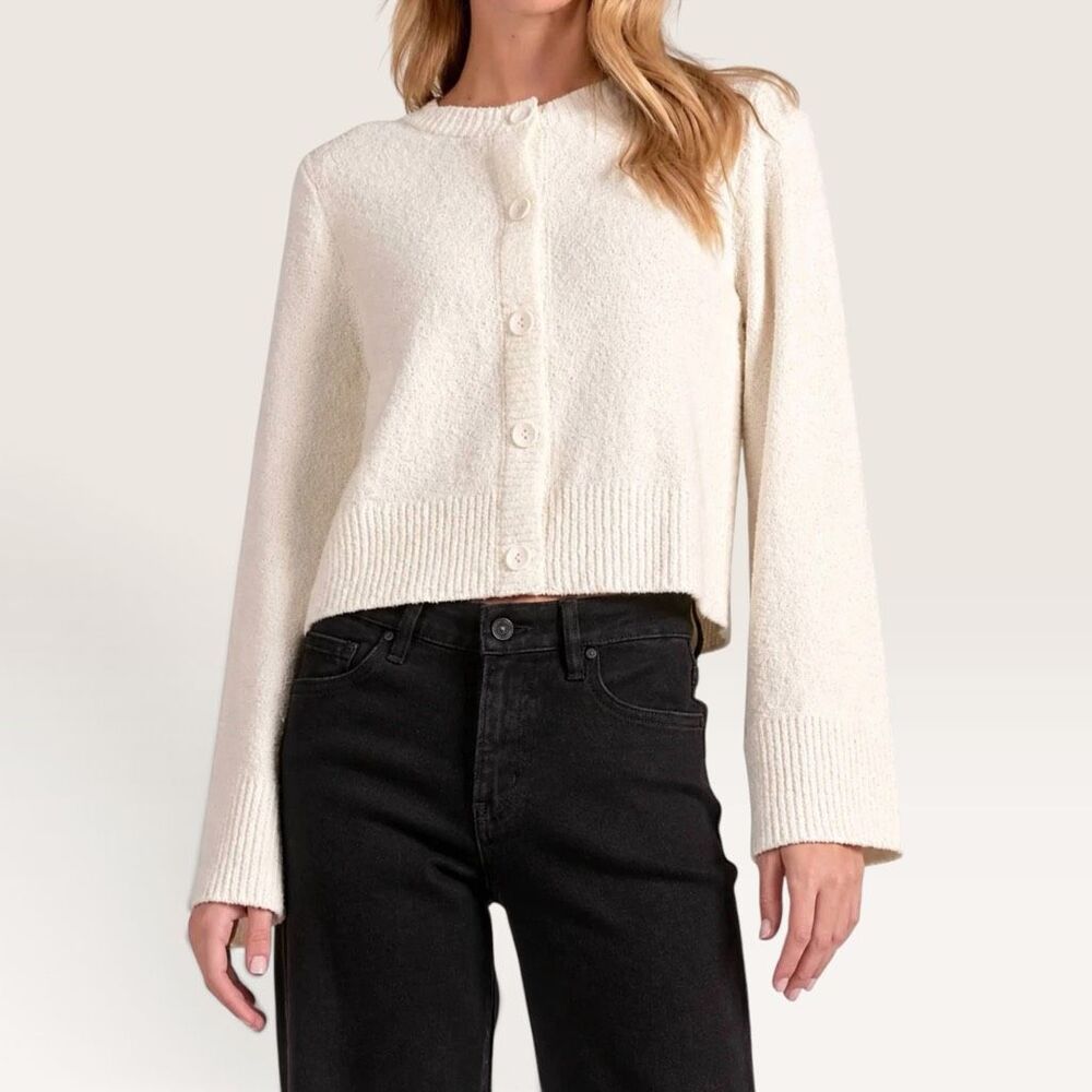ELAN Bell Sleeve Sweater Cardigan White Crewneck Button Front Cotton Blend NWT L